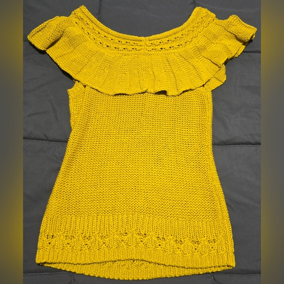 Anthropologie Off The Shoulder Ruffled Knit Sweater Top In Mustard Yellow Small - Picture 2 of 3